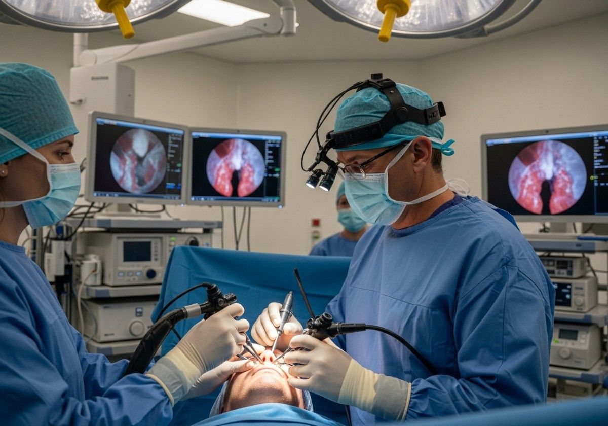 ENT surgeons performing endoscopic sinus surgery in a modern operating room.