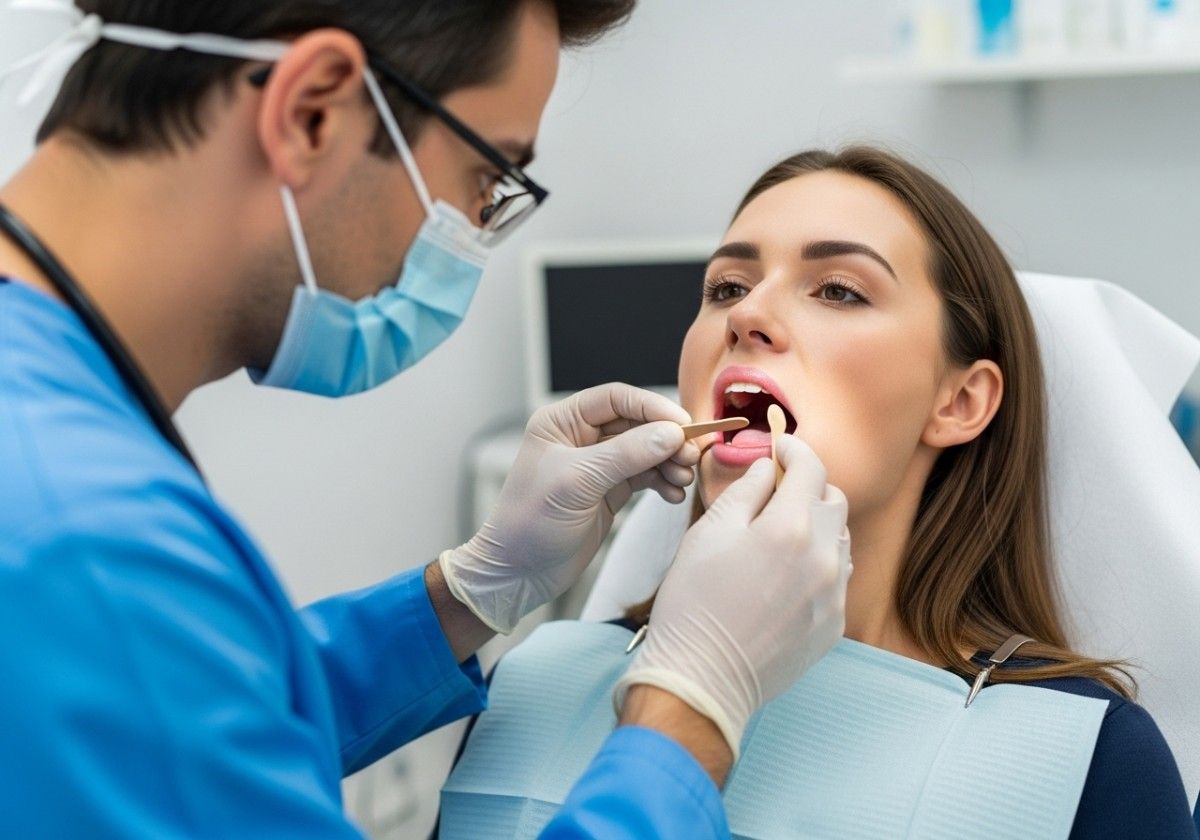Doctor examines patient’s throat with a tongue depressor for quinsy diagnosis.