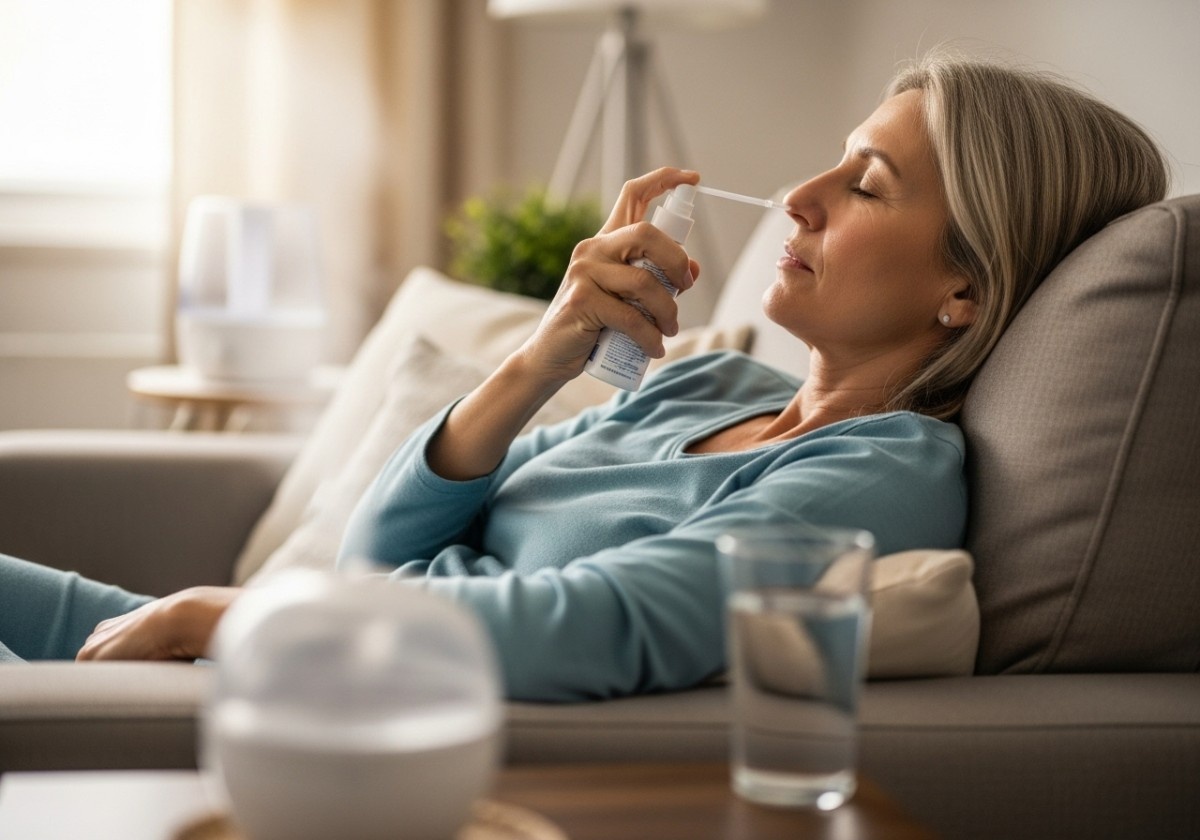 Woman using a nasal spray while relaxing on a couch at home.