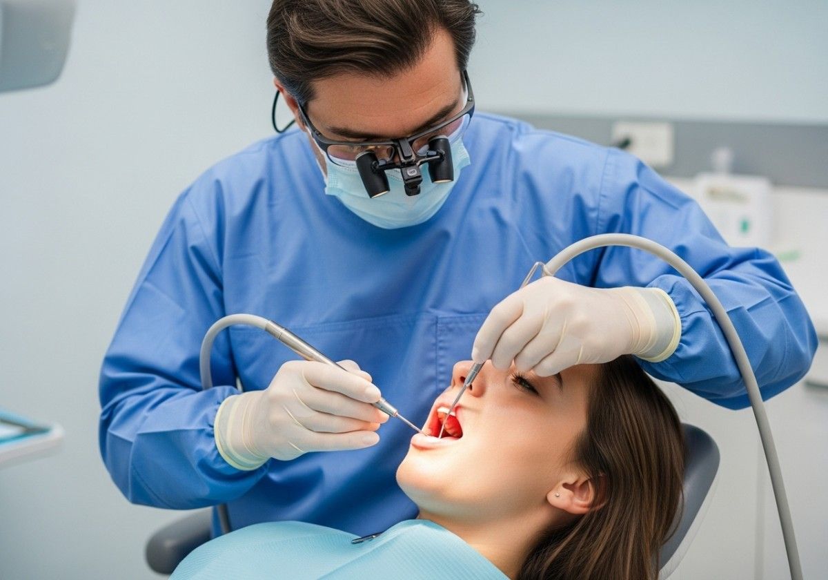 Dentist wearing magnifying glasses examines a female patient's teeth in a dental clinic.
