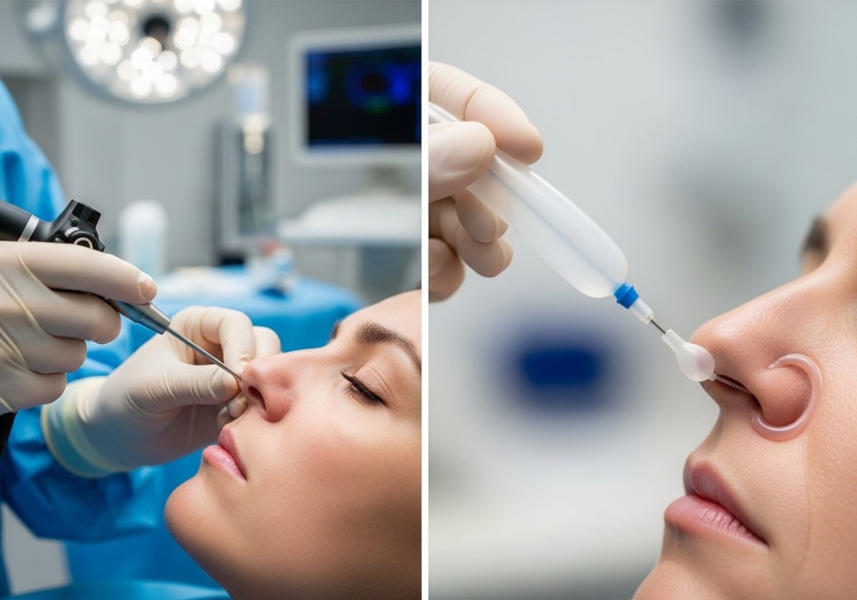 Close-up of nasal endoscopy and nasal irrigation procedure performed by medical professionals