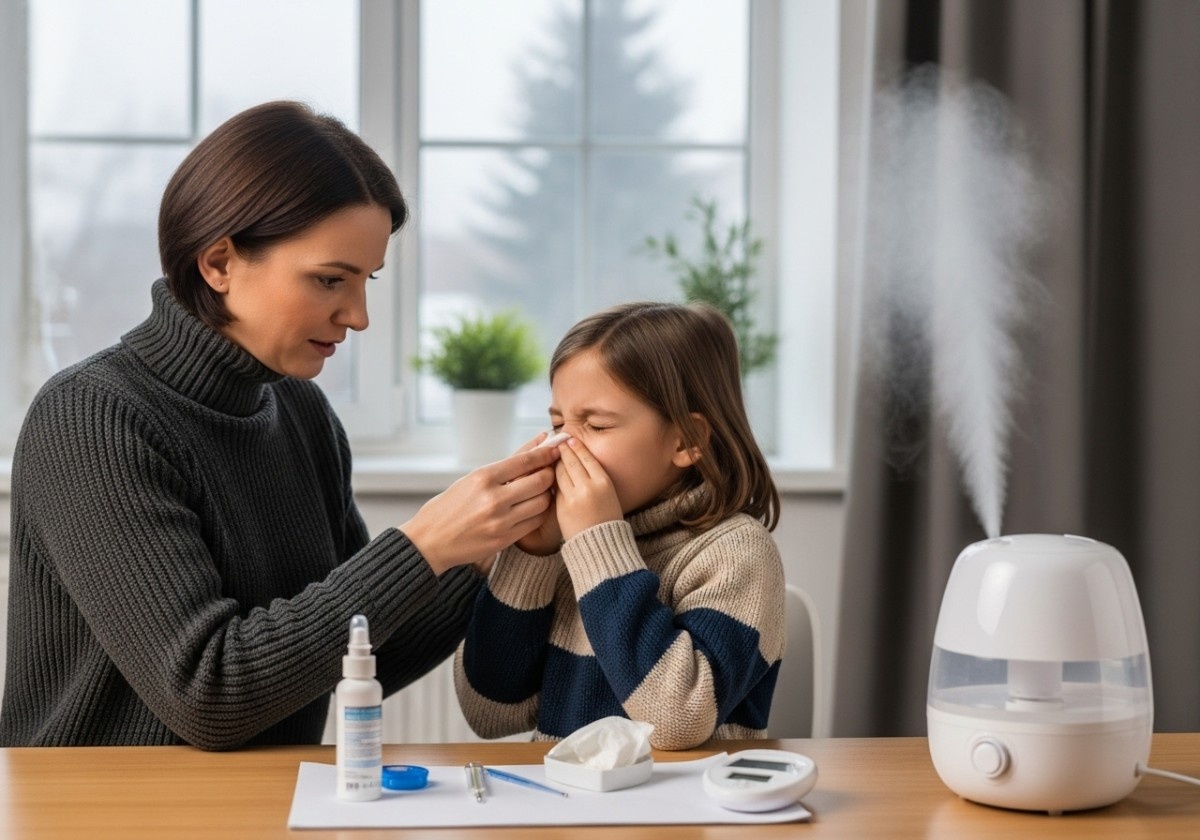 Mother helping sick child blow nose beside humidifier and medicine on table
