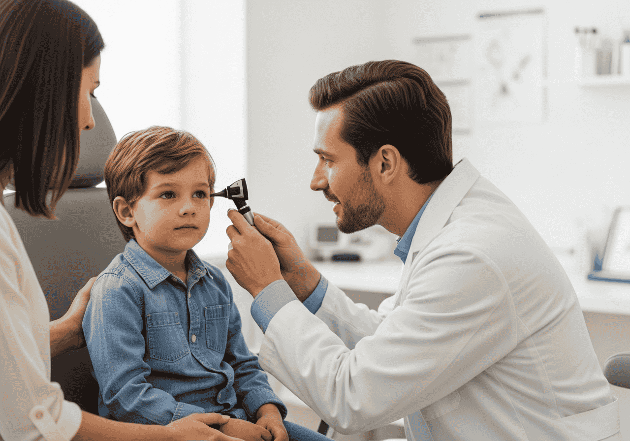 Doctor examining young boy’s ear with an otoscope while mother sits beside him in a clinic setting.