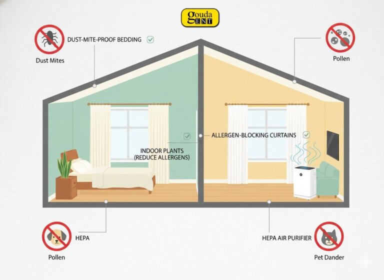 Illustration showing ways to allergy-proof your home with dust-mite-proof bedding, indoor plants, allergen-blocking curtains, and a HEPA air purifier
