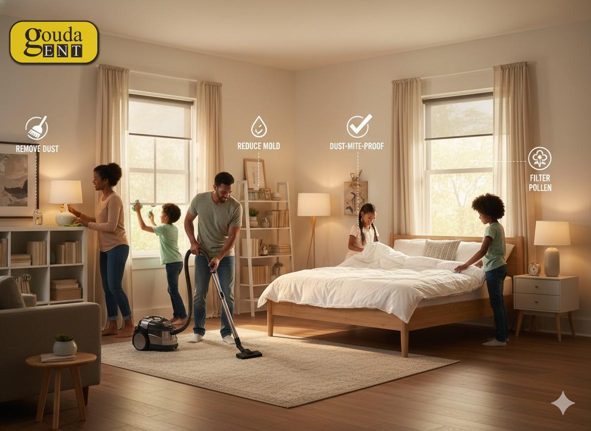 Family vacuuming, wiping surfaces, and using dust-mite-proof bedding to allergy-proof their home.