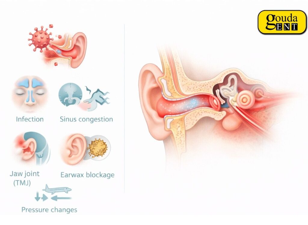 Infographic showing causes of ear pain in adults, including infection, sinus congestion, TMJ, and pressure changes