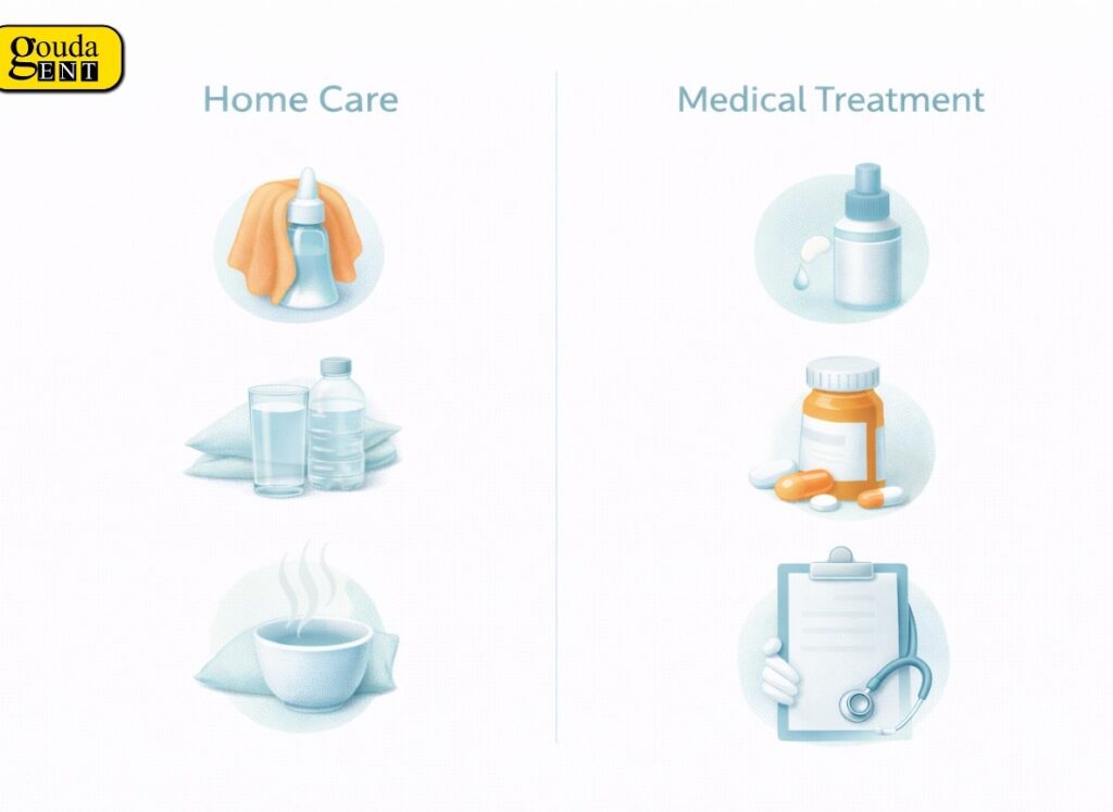 Infographic comparing home care and medical treatments for ear pain in adults with simple, clear icons