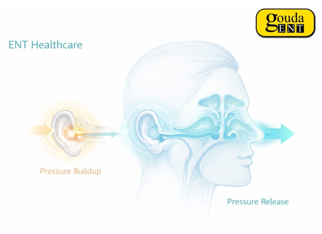 Illustration showing how pressure buildup causes ear fullness, followed by pressure release through the nasal passage