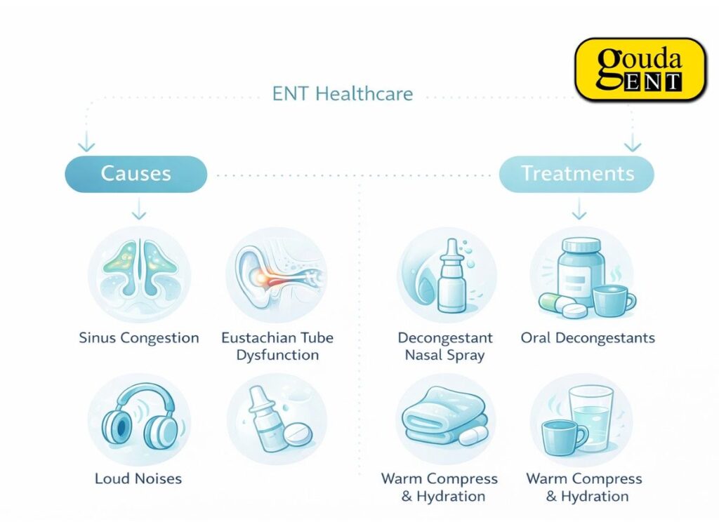 Infographic explaining the causes of ear fullness such as sinus congestion and Eustachian tube dysfunction, with treatments like nasal sprays and hydration