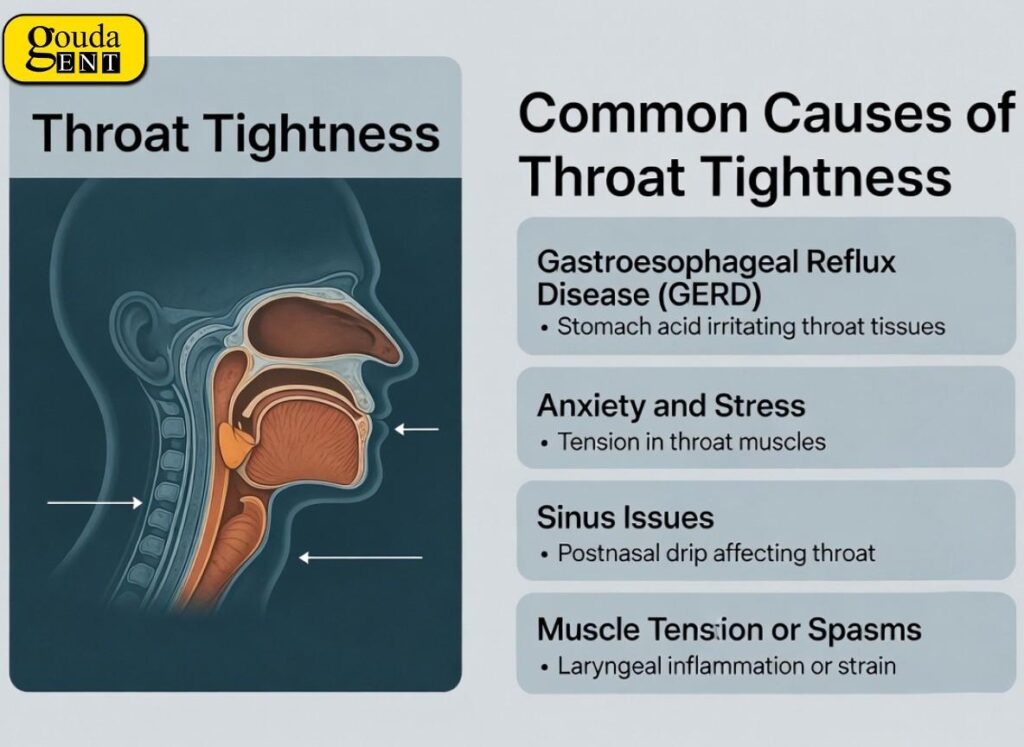 Tightness in throat explained with infographic showing causes like GERD, anxiety, sinus issues, and muscle tension