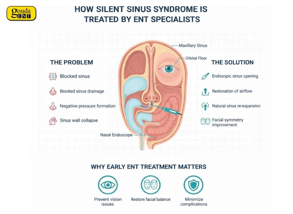 Silent Sinus Syndrome treatment by ENT specialists showing blocked sinus, negative pressure formation, sinus wall collapse, and endoscopic sinus correction procedure.
