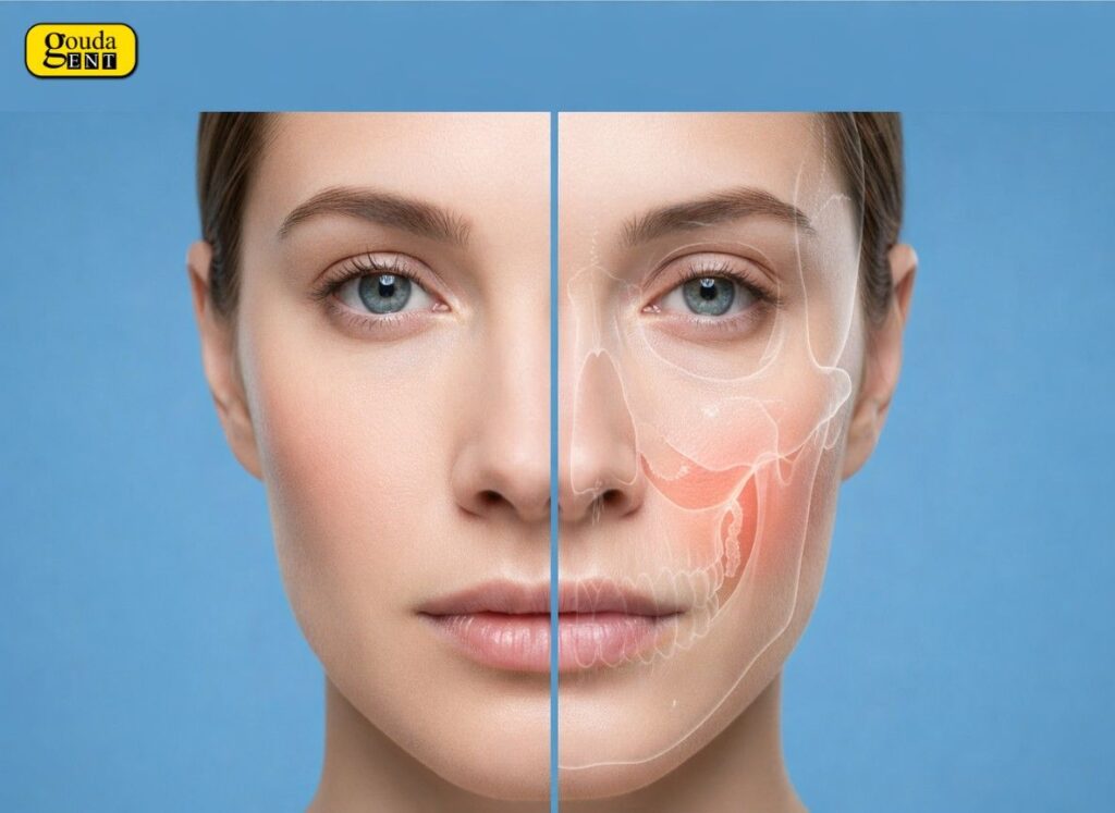 Silent Sinus Syndrome causing facial asymmetry with one side showing sunken cheek and maxillary sinus collapse highlighted in diagnostic overlay.
