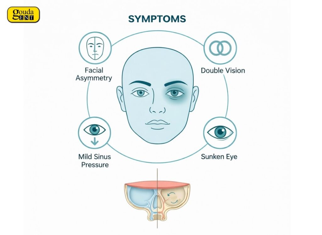 Silent Sinus Syndrome symptoms including facial asymmetry, double vision, mild sinus pressure, and sunken eye appearance.