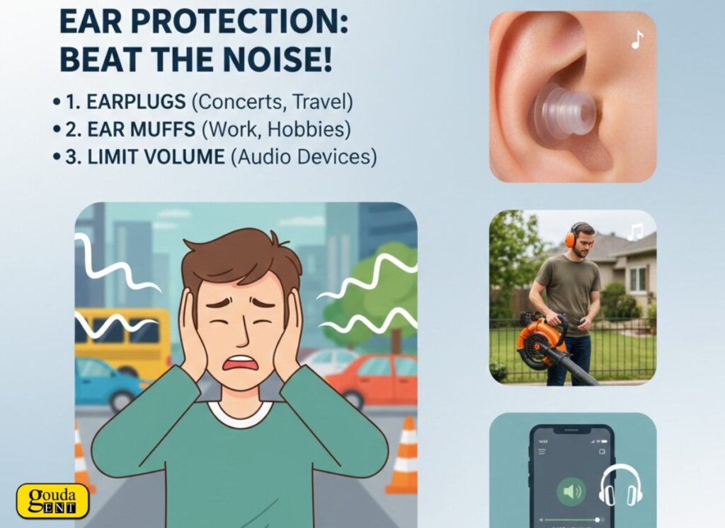 Ear Protection awareness poster showing earplugs, earmuffs, and volume control tips to prevent noise-induced hearing damage."